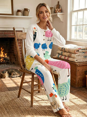 Womens Waffle Texture Cartoon Chicken Print Two Piece Set