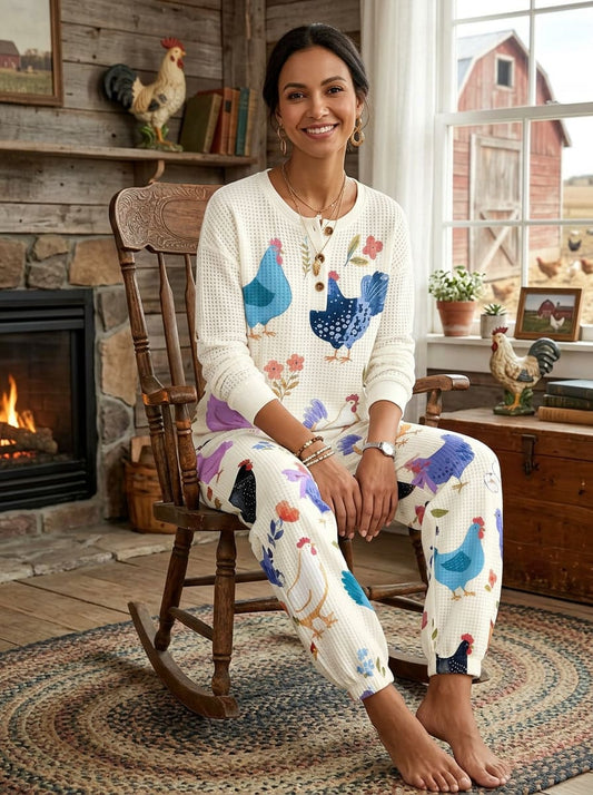 Womens Waffle Texture Chicken Floral Print Two Piece Set