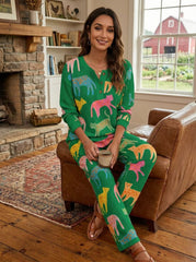 Womens Waffle Knit Colorful Leopard Print Long Sleeve Henley Set