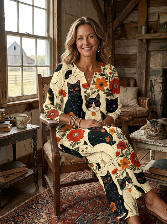 Womens Waffle Texture Black Cat Print Two Piece Set