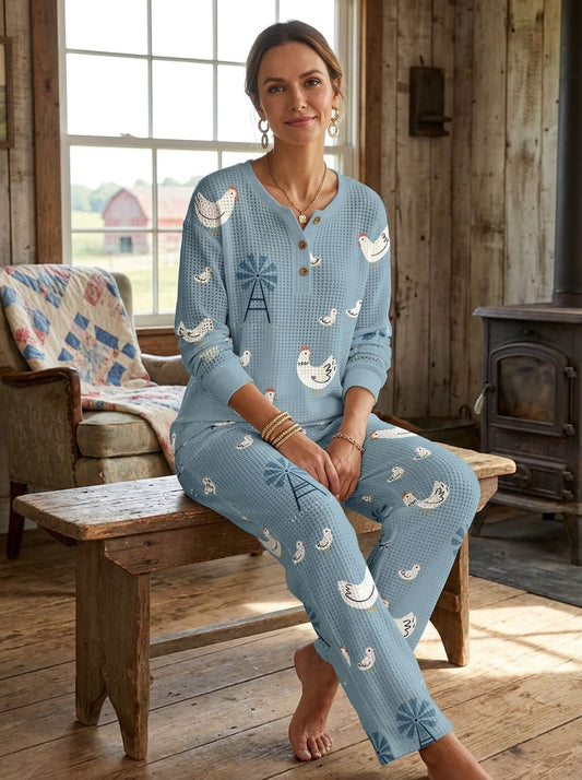 Womens Waffle Knit Blue Chicken Print Long Sleeve Henley Set