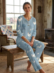 Womens Waffle Knit Blue Chicken Print Long Sleeve Henley Set