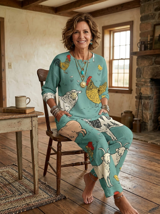 Womens Waffle Knit Farm Animal Print Long Sleeve Henley Set