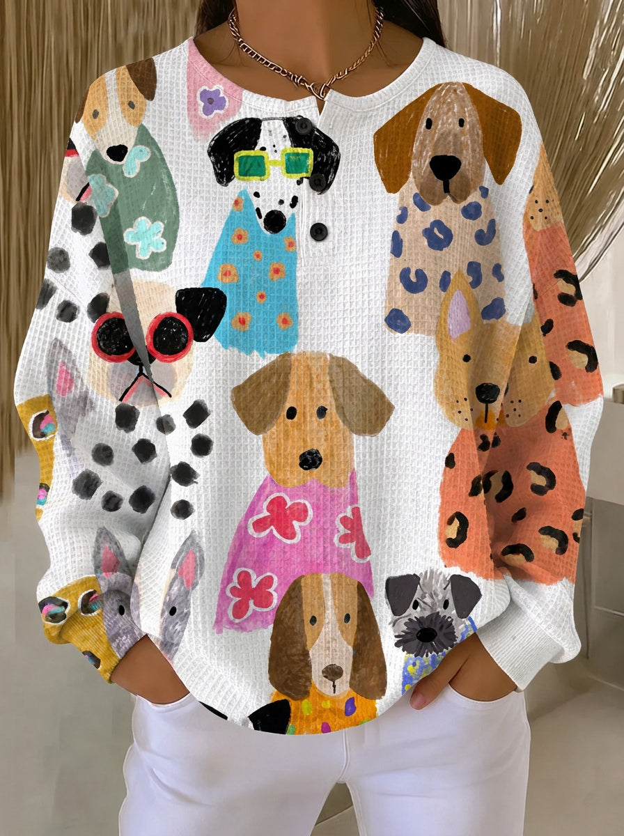 Cute Dog Print Women Waffle Knit Long‑Sleeve Casual Top