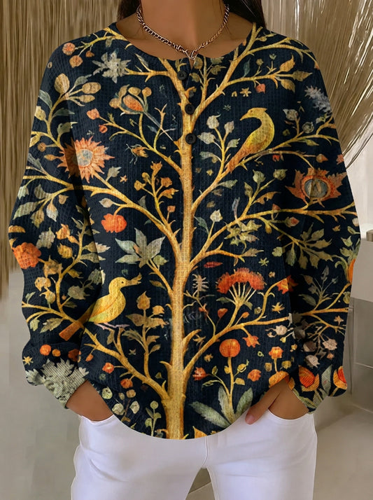 Vintage Tree Bird Floral Women Waffle Knit Long Sleeve Top