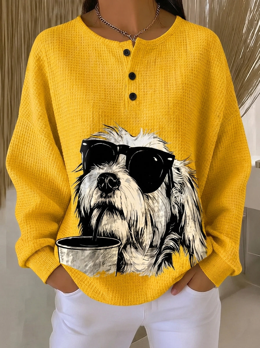 Women's Dog Sunglasses Printed Casual Cotton Waffle Knit Sweatshirt
