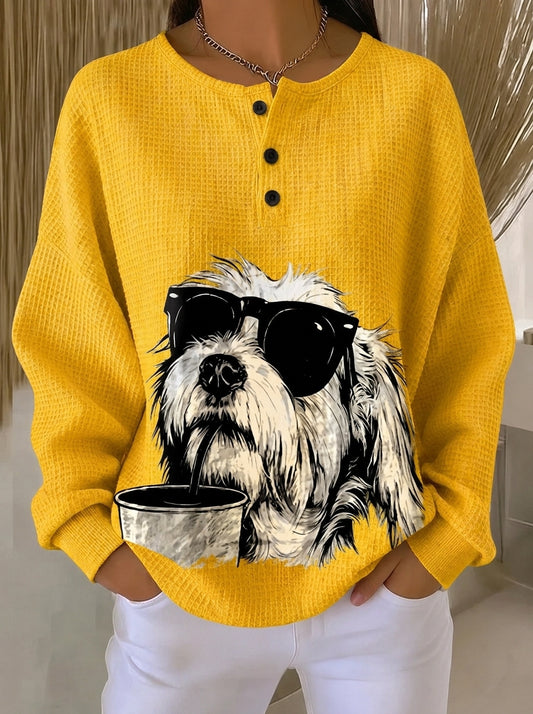 Women's Dog Sunglasses Printed Casual Cotton Waffle Knit Sweatshirt