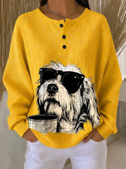 Women's Dog Sunglasses Printed Casual Cotton Waffle Knit Sweatshirt