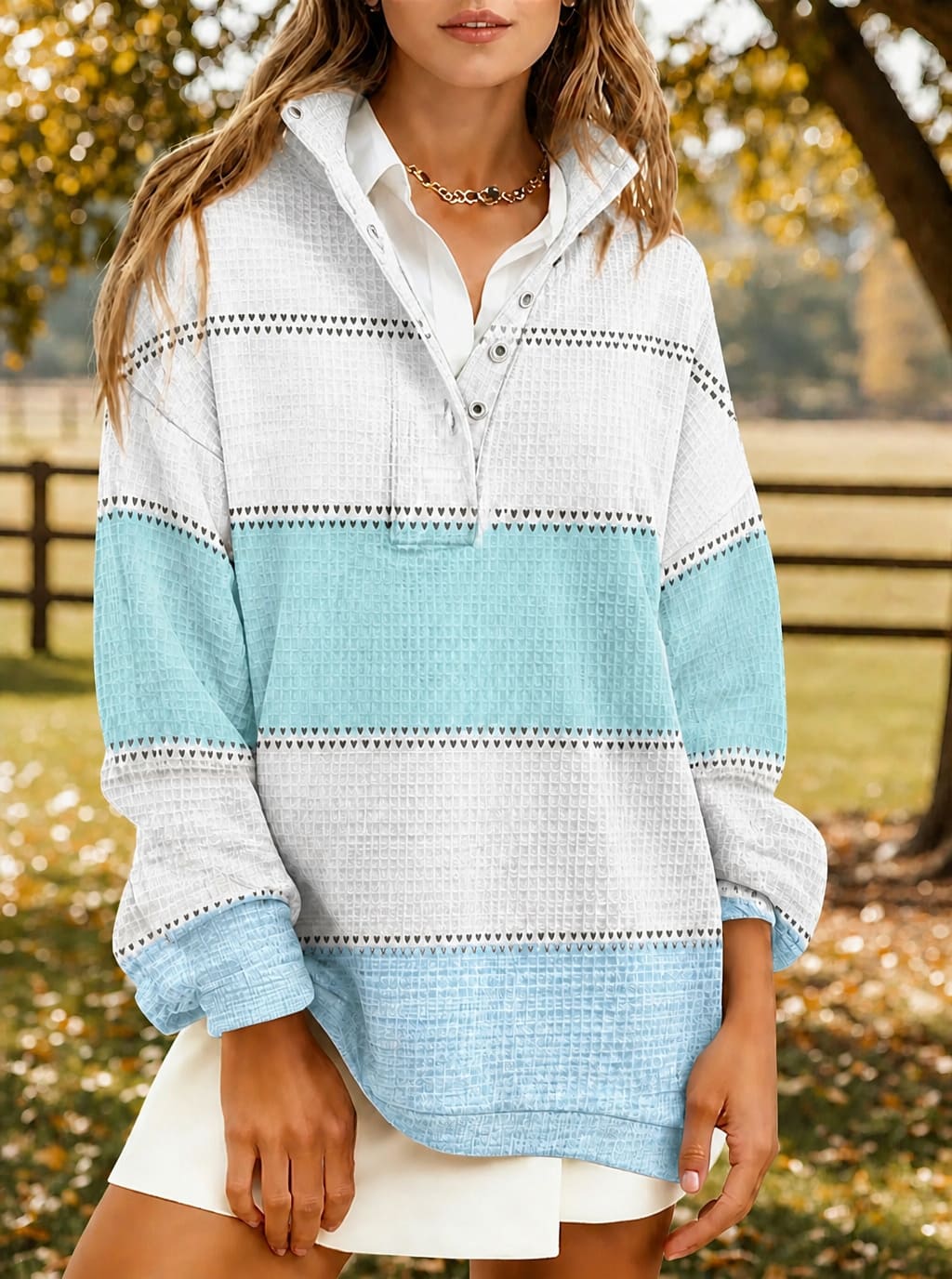 Women's Blue Striped Waffle Knit Sweatshirt