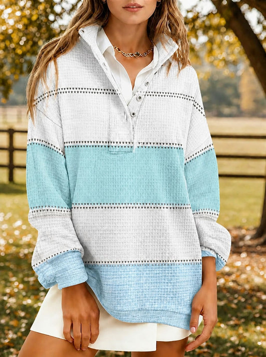 Women's Blue Striped Waffle Knit Sweatshirt