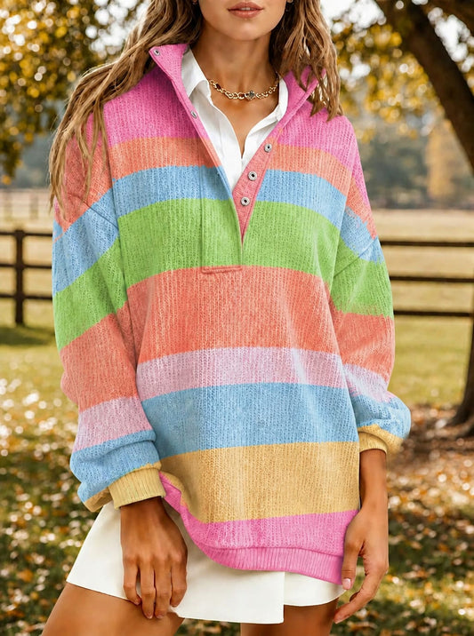 Women's Rainbow Striped Waffle Knit Sweatshirt