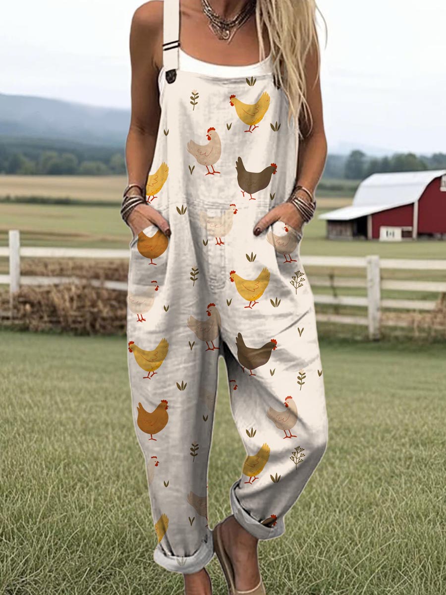 Women's Lovely Chicken Pattern Art Print Casual Cotton Wide Leg Jumpsuit