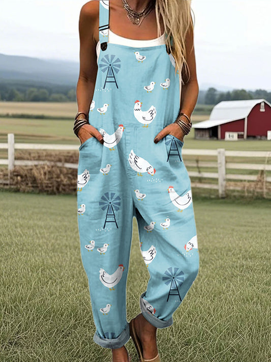 Women's Funny Chicken Art Print Casual Cotton Wide Leg Jumpsuit