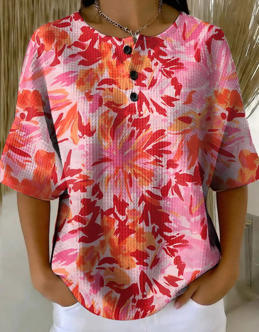 Women's Retro Multicolor Gradient Patchwork Abstraction Patterns Art Print Casual Waffle Cotton Shirt RM600