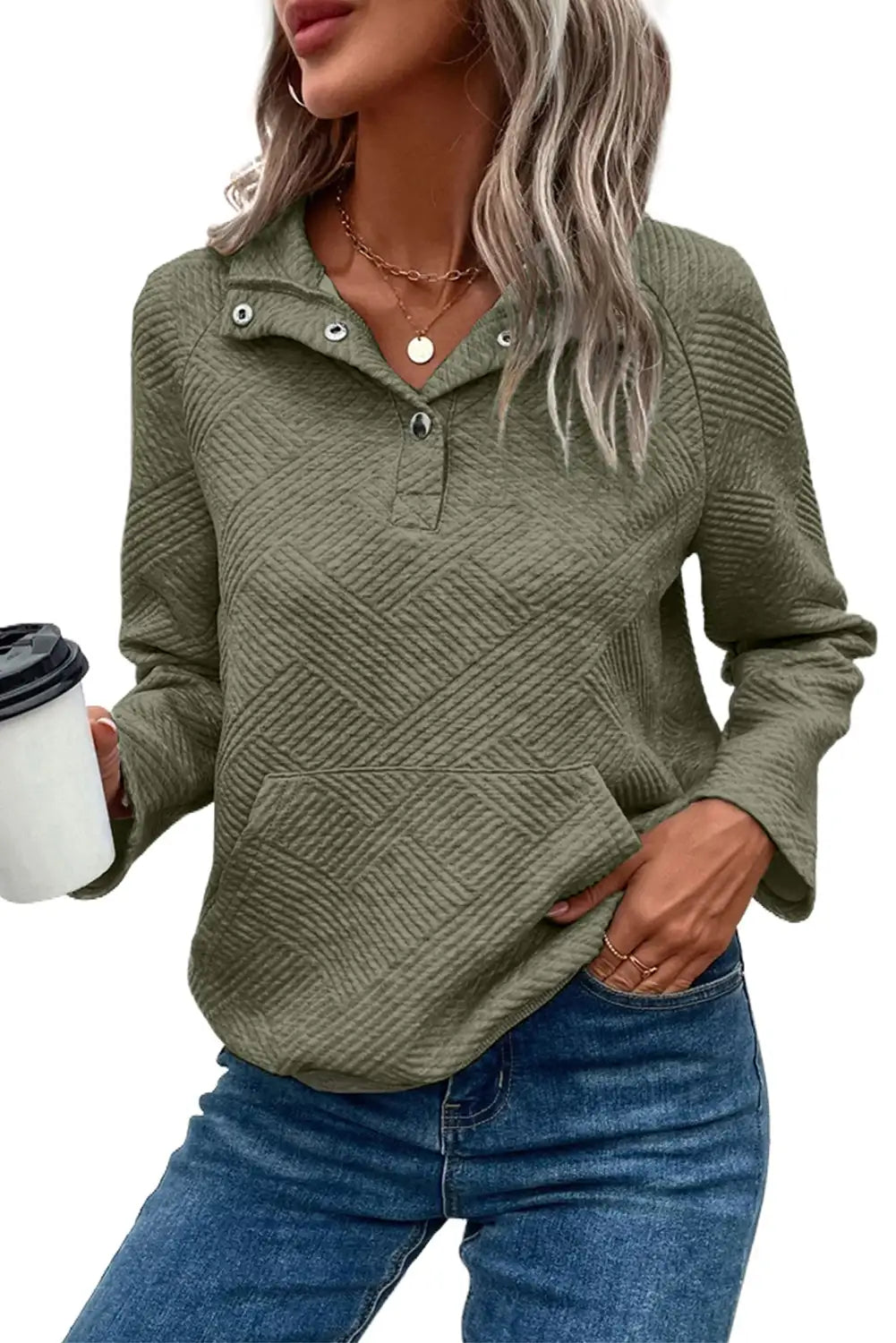 Laurel Green Textured Knit Buttoned Kangaroo Pocket Sweatshirt