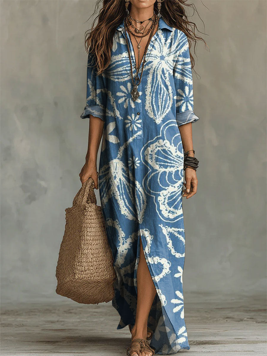 Women's Flower Print Casual Solid-color Linen-cotton Dress