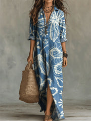 Women's Flower Print Casual Solid-color Linen-cotton Dress