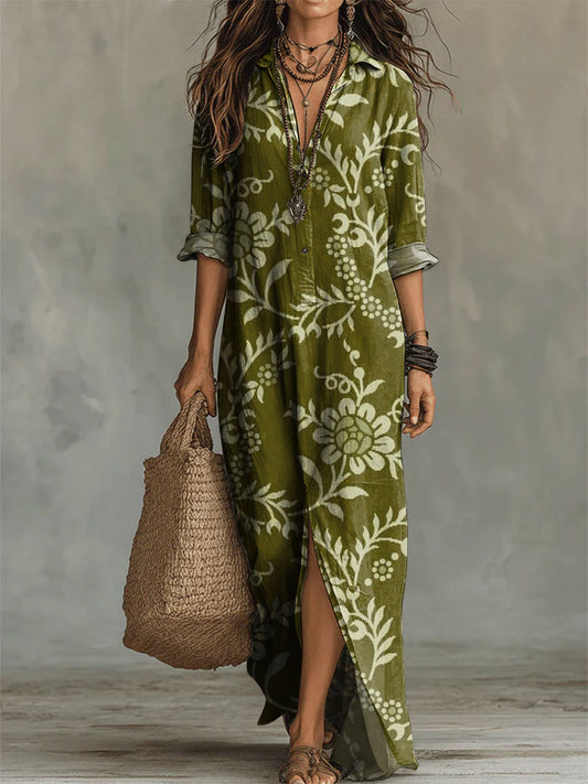Women's Flower Print Casual Solid-color Linen-cotton Dress
