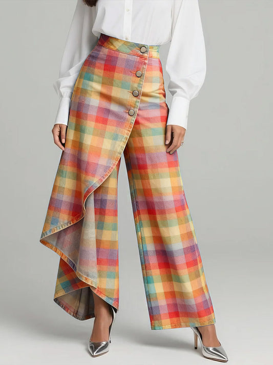 Women's Vintage Plaid Patterns Print High-waisted Relaxed Fit Wide-leg Jeans With A Stylish Design