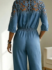 Women's Casual Retro Stylish Hollow Patchwork Denim Jumpsuit