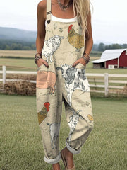 Women's Funny Animals Pattern Art Print Casual Cotton Wide Leg Jumpsuit