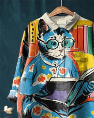 Vintage Cat Art Print Casual Cotton And Linen Shirt