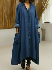 Relaxed Ruffle-Trim V-Neck Maxi Dress with Pockets