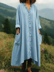 Textured Cotton V-Neck Ruffle-Trim Maxi Dress with Pockets