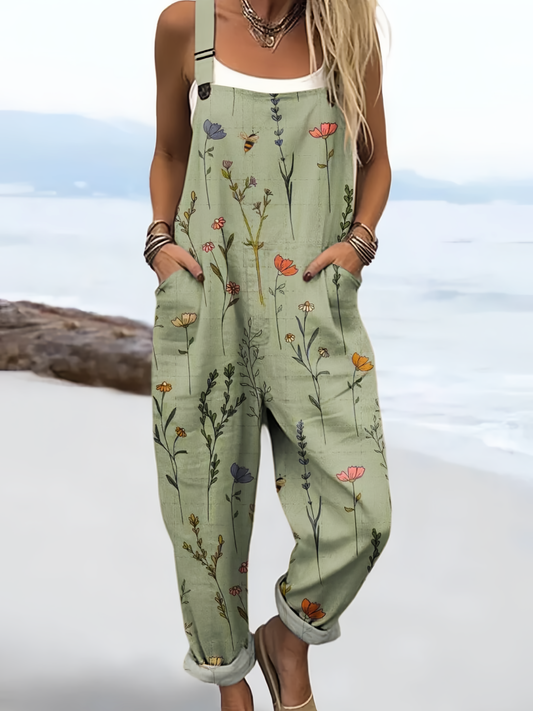 Women's Vintage Floral Art Print Casual Cotton Linen Wide Leg Jumpsuit