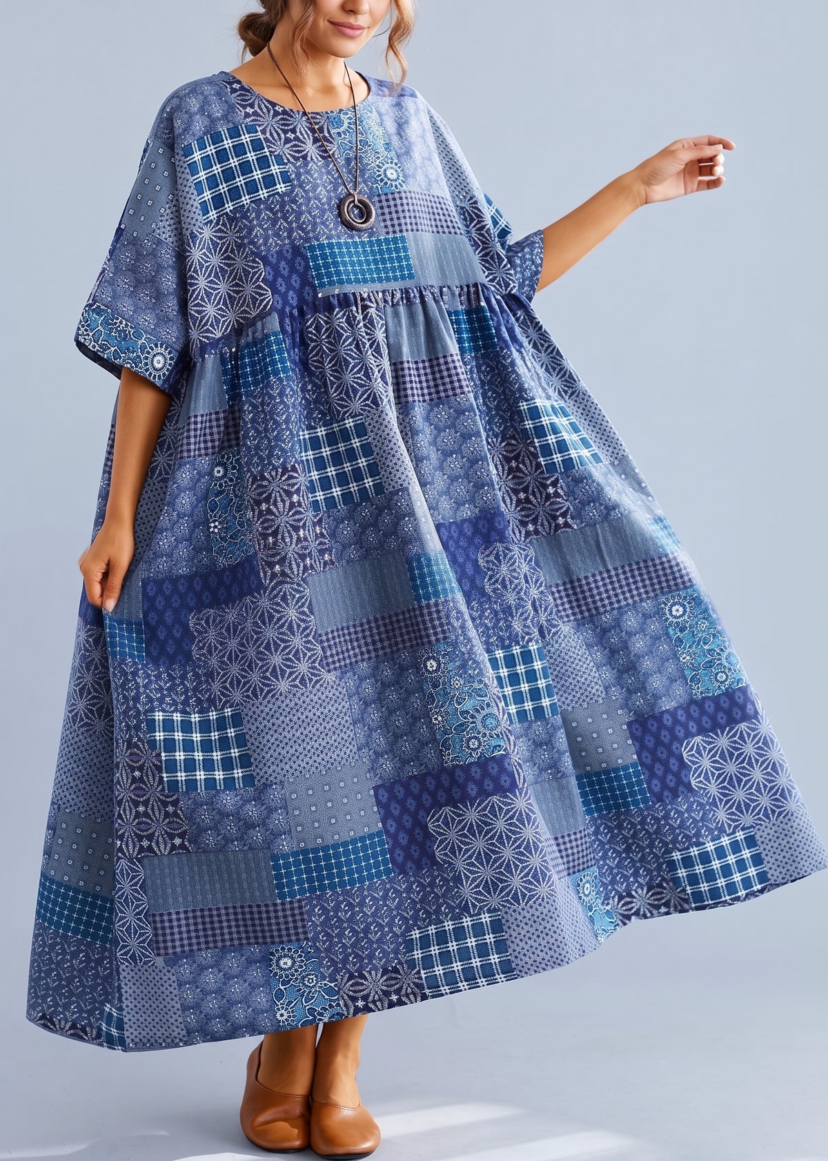 Navy Plaid Linen Cotton Clothes For Women O Neck Cinched Cotton Dress