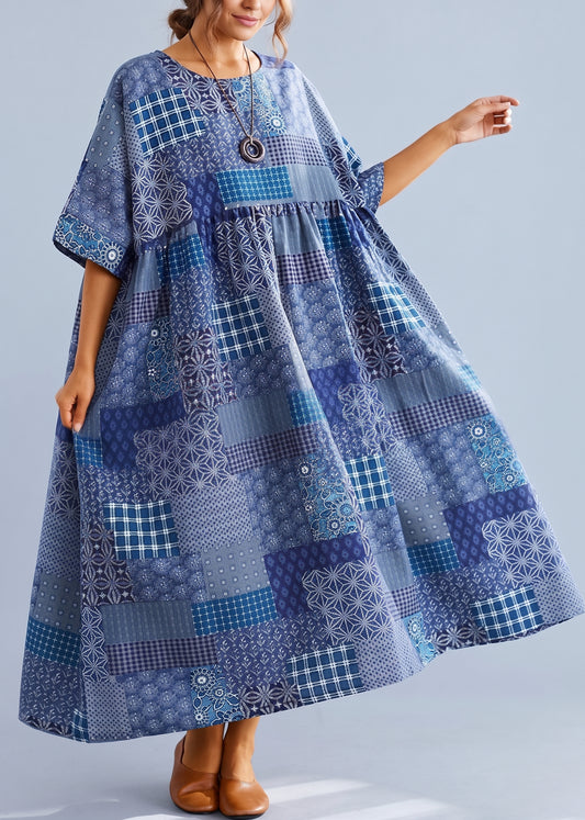 Navy Plaid Linen Cotton Clothes For Women O Neck Cinched Cotton Dress