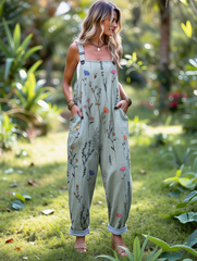 Women's Vintage Floral Art Print Casual Wide Leg Jumpsuit