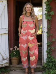 Women's Funny Chicken Art Print Casual Cotton Wide Leg Jumpsuit