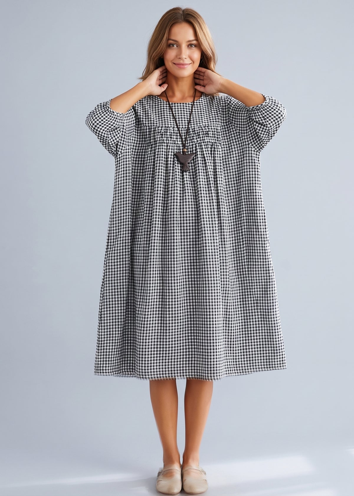 O Neck Lantern Sleeve Clothes For Women Pattern Black Plaid Dresses Summer