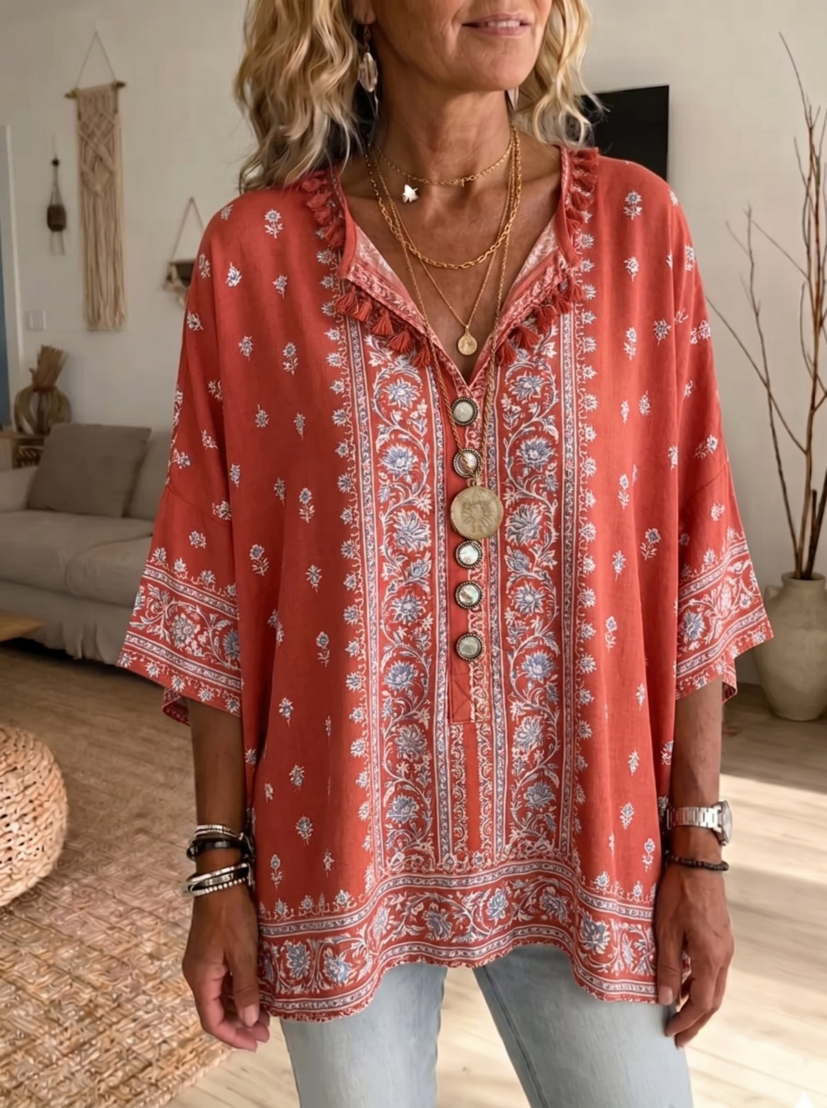 Women's Vintage Floral Print V-neck Casual Loose Cotton-linen Top