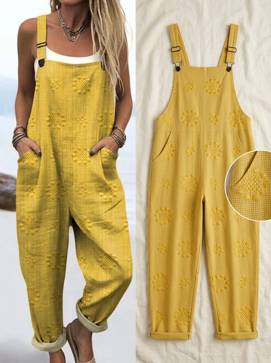 Women's Vintage Floral Pattern Art Print Casual Cotton Linen Wide Leg Jumpsuit
