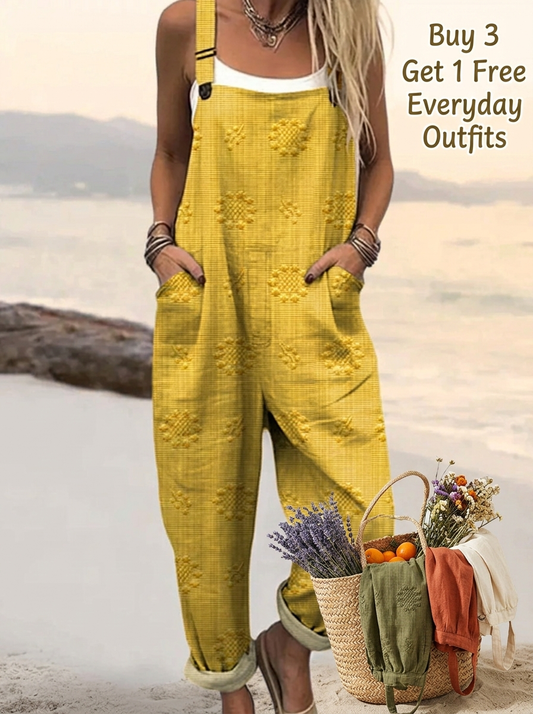 Women's Vintage Floral Pattern Art Print Casual Cotton Linen Wide Leg Jumpsuit
