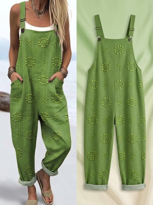 Women's Vintage Floral Pattern Art Print Casual Cotton Linen Wide Leg Jumpsuit
