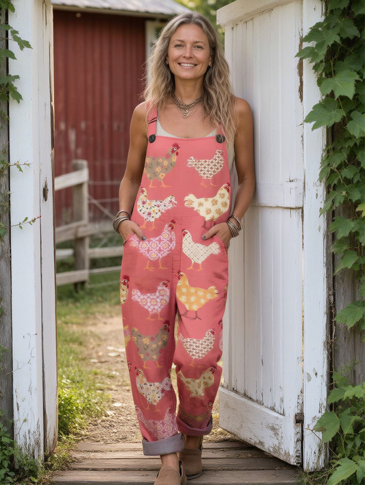 Women's Funny Chicken Art Print Casual Cotton Wide Leg Jumpsuit