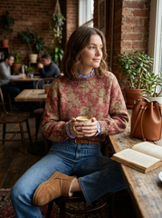 Women's Vintage Lovely Floral Art Print Knit Turtleneck Pullover Sweater