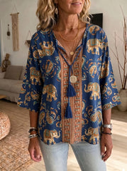 Women's Vintage Floral Print V-neck Casual Loose Cotton-linen Top