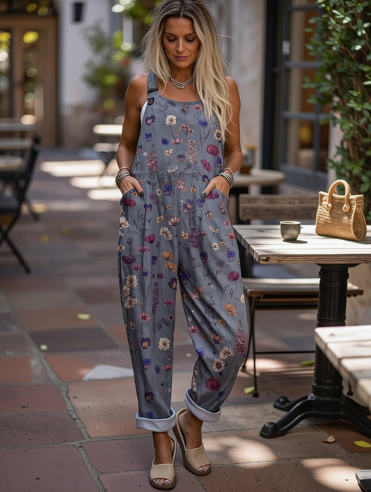 Women's  Vintage Flower Chick Art Print Casual Cotton Wide Leg Jumpsuit