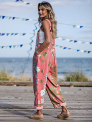 Women's Vintage Floral Art Print Casual Cotton Wide Leg Jumpsuit