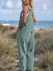 Women's Funny Bee Art Print Casual Cotton Linen Wide Leg Jumpsuit