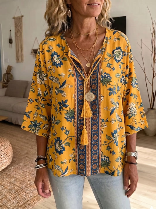 Women's Vintage Floral Print V-neck Casual Loose Cotton-linen Top