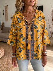 Women's Vintage Floral Print V-neck Casual Loose Cotton-linen Top
