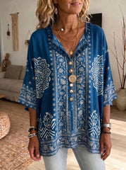 Women's Vintage Floral Print V-neck Casual Loose Cotton-linen Top