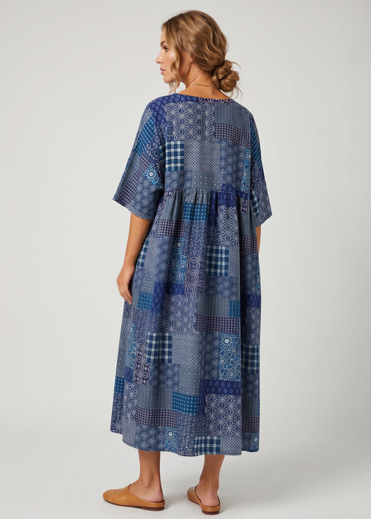 Navy Plaid Linen Cotton Clothes For Women O Neck Cinched Cotton Dress