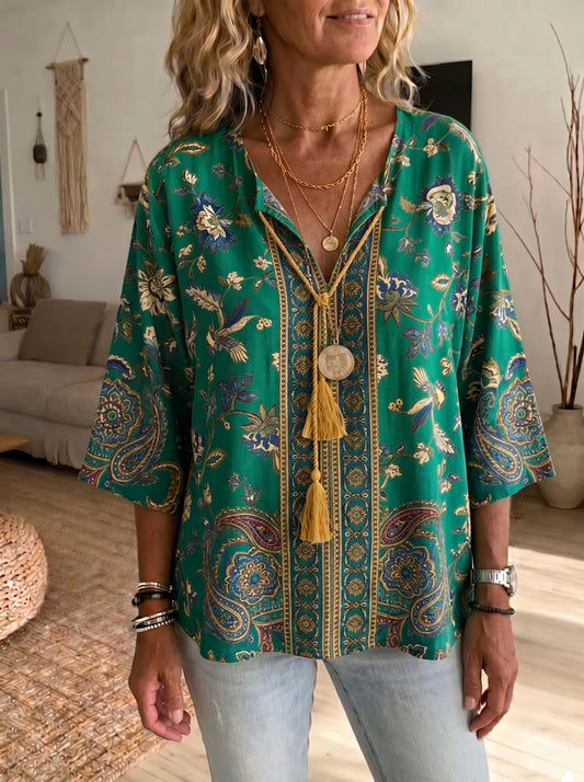 Bohemian Chic Green Floral Tunic - Relaxed Fit V-Neck Blouse with Statement Tassel Detail