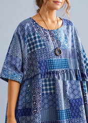 Navy Plaid Linen Cotton Clothes For Women O Neck Cinched Cotton Dress